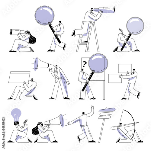People with different elements and a magnifying glass. A set of vector symbols in a contour style for the design of mobile applications and social networks.