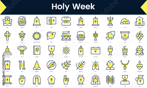 Set of thin line holy week Icons. Line art icon with Yellow shadow. Vector illustration