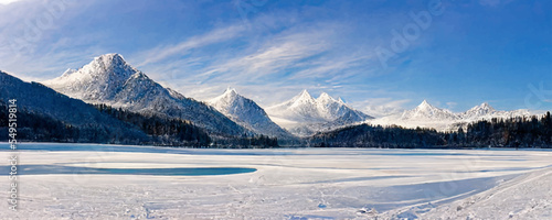 Winter panoramic landscape with scenic frozen mountain