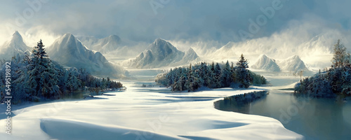 3D illustration of a winter landscape with snowy trees