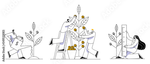 The characters grow a money tree. A set of images on the topic of investing.