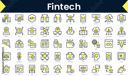 Set of thin line fintech Icons. Line art icon with Yellow shadow. Vector illustration
