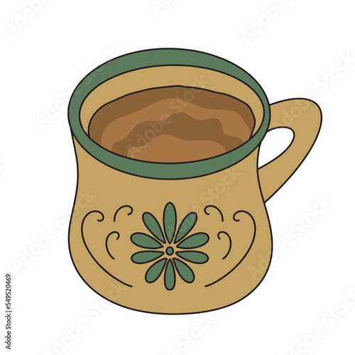 Champurrado chocolate based atole, a warm Mexican beverage. Latin American traditional drink in cute clay mug. Vector illustration isolated on white.