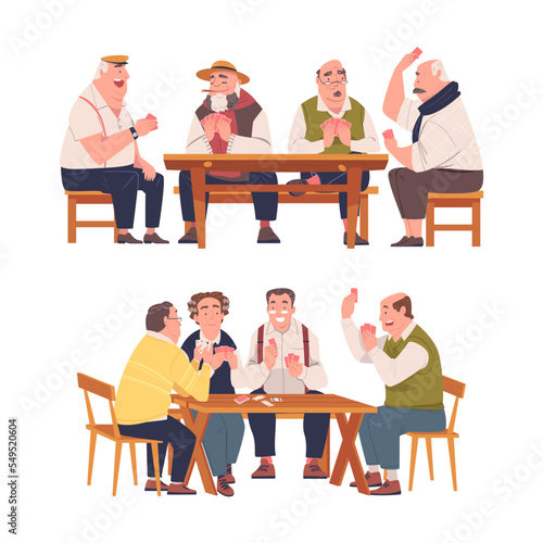 Senior Man Friends Playing Cards Game Sitting on Bench at Table Vector Set