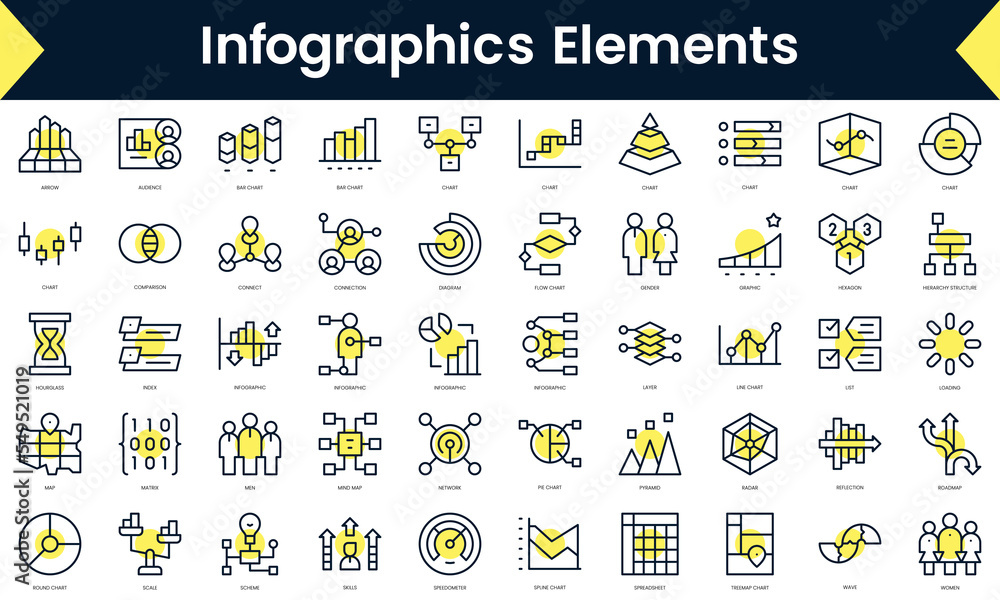 Set of thin line infographics elements Icons. Line art icon with Yellow shadow. Vector illustration
