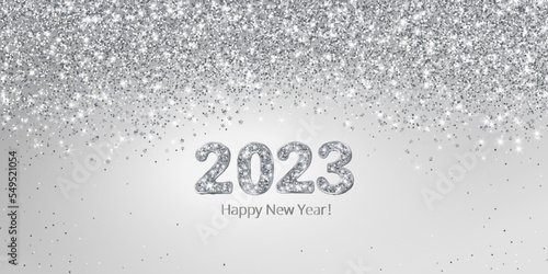 Happy New Year banner. Silver glitter sparkling background. 2023 vector glitter numbers. Falling glitter texture. For holiday season cards, headers, party posters. Festive celebration backdrop.