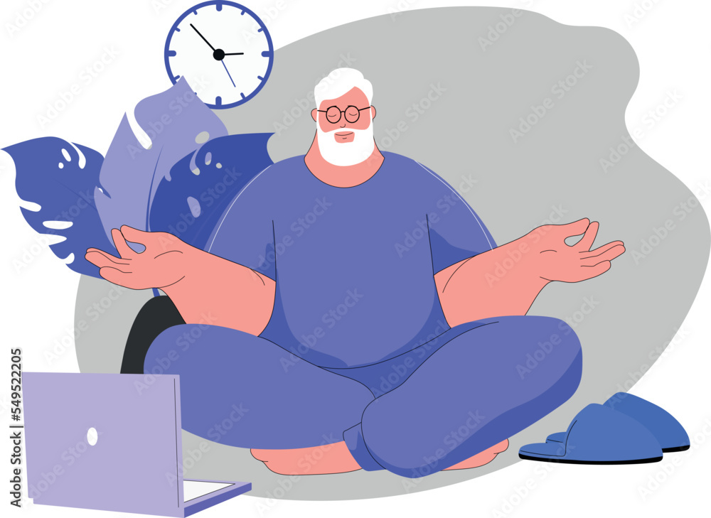 Vector illustration of an old man doing yoga. A pensioner in the lotus position meditates in the room. The concept of harmony and health