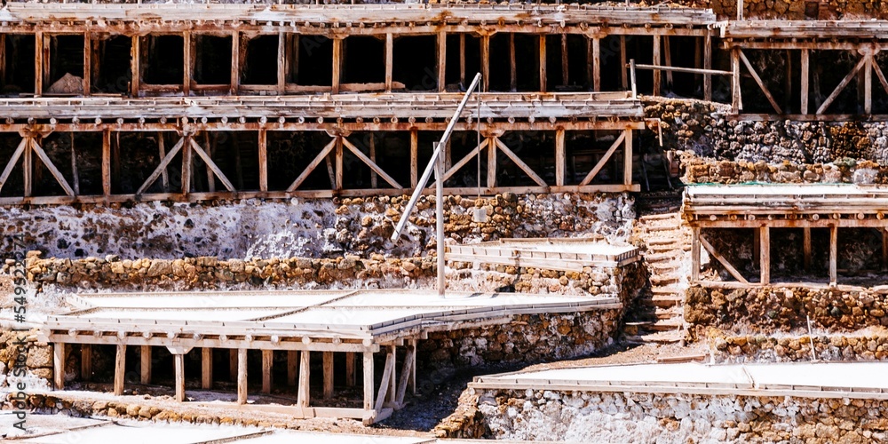 Wooden infrastructure for the terraced saltpans. Salt Valley of Añana. Añana, Álava, Basque Country, Spain, Europe
