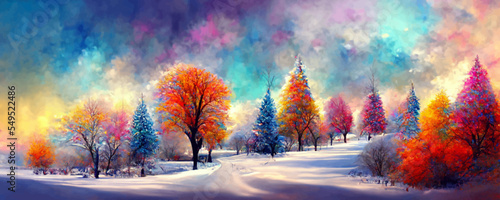 Magical winter landscape scene with colorful trees