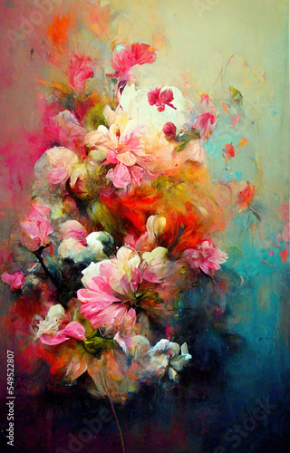Beautiful vibrant bunch of pink flowers on a abstract background, painted in very thick oil paint with a palette knife