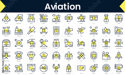 Set of thin line aviation Icons. Line art icon with Yellow shadow. Vector illustration