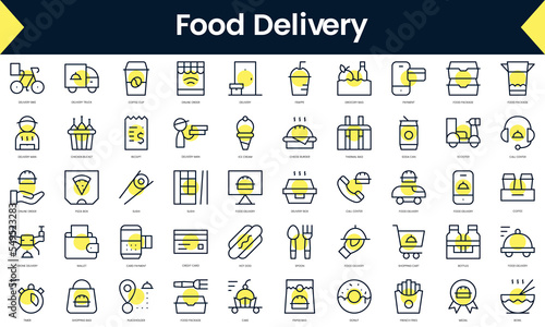 Set of thin line food delivery Icons. Line art icon with Yellow shadow. Vector illustration