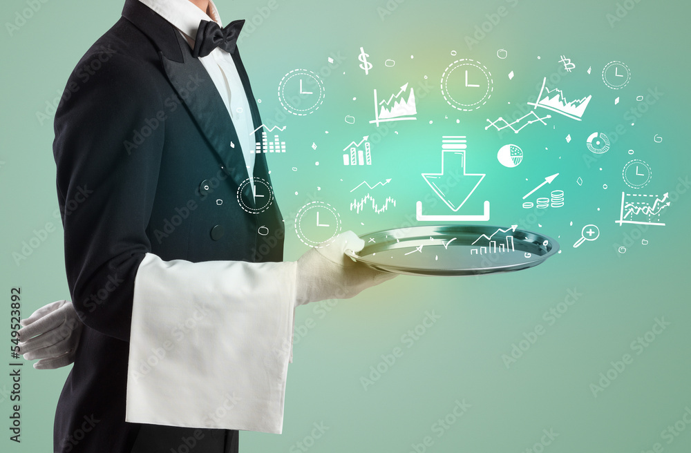 Handsome young waiter in tuxedo holding money icons on tray Handsome young waiter in tuxedo holding money icons on tray