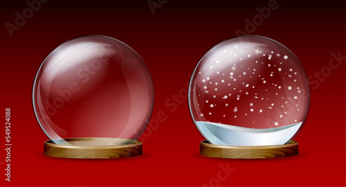 Empty transparent Snow globe and Glass Globe with christmas white snow