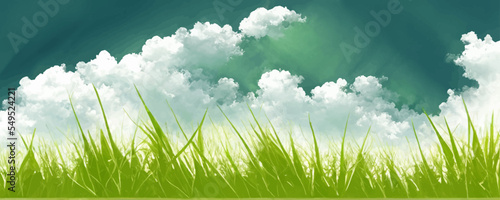 Vector green landscape Sky clouds and grass.