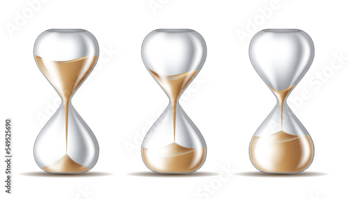 Sand falling in the hourglass in three different states on white background.