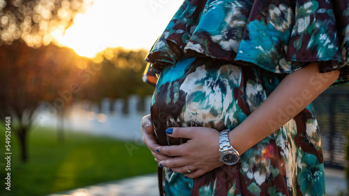 pregnant woman in the sunset in the garden