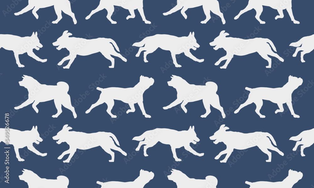 Fototapeta premium Seamless pattern. Silhouette dogs different breeds in various poses. Endless texture. Design for fabric, decor, wallpaper, wrapping paper, surface design. Vector illustration.