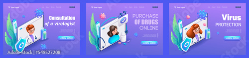 Kit Trending Landing Pages, 3D Isometric, cartoon. Consultation of a virologist, purchase of drugs online, virus protection. Vector illustration