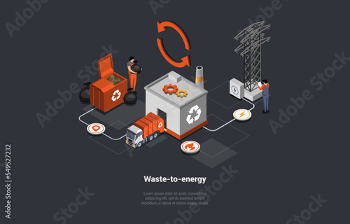 Zero Waste, Recycling Garbage, Rubbish separation Concept. Characters Collecting, Sorting Garbage. People Recycling Junk Into Energy At Recycling Factory. Isometric 3d Cartoon Vector Illustration