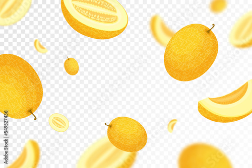 Falling melon, isolated on transparent background. Flying whole and sliced melon fruits with blurry effect. Can be used for advertising, packaging, banner, poster, print. Vector flat design