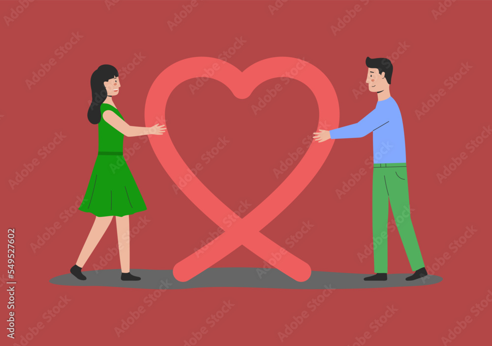 Loving Boyfriend Presenting Huge Heart to Girlfriend in Honor Of Happy Valentines Day. Man Making Proposal to Woman. Human Relations, Happiness Surprise Love. Cartoon Flat Style. Vector Illustration Loving Boyfriend Presenting Huge Heart to Girlfriend in Honor Of Happy Valentines Day. Man Making Proposal to Woman. Human Relations, Happiness Surprise Love. Cartoon Flat Style. Vector Illustration