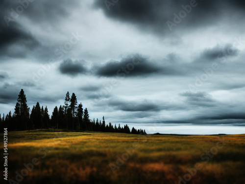 Dark skyes looming over a beautiful Scandinavian landscape, generated by A.I. photo