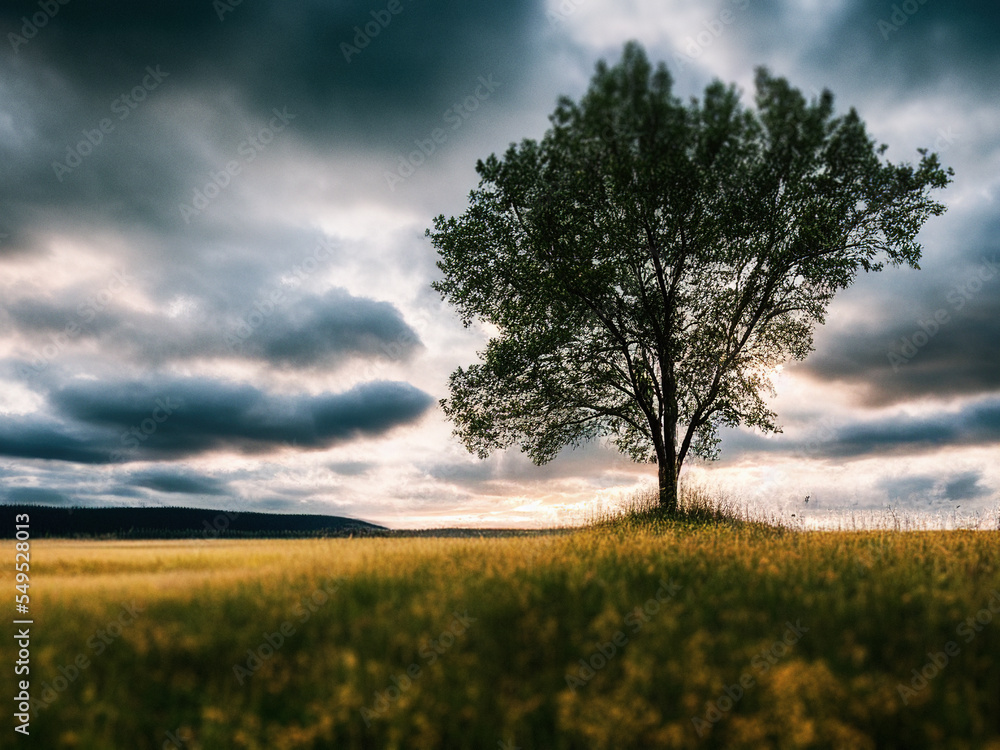 Beautiful Scandinavian landscape with a single tree on a small hill, generated by A.I.