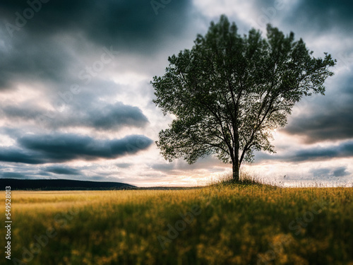 Beautiful Scandinavian landscape with a single tree on a small hill  generated by A.I.