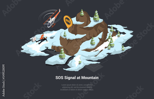 Concept Of Rescue Operation, Signal for Emergency Services. Helicopter Rushes to the Rescue on an Incoming SOS signal From Tourists in a Mountainous Area. Isometric 3d Cartoon Vector Illustration