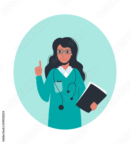 The doctor warns. The women doctor raised his index finger up, holding a folder with analyzes in his hands. Vector, flat illustration, icon.