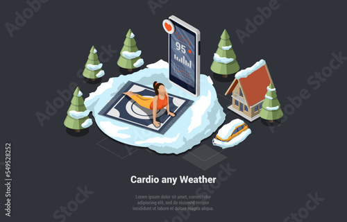 Healthy Lifestyle Concept. Woman Doing Exercises Working Out Outdoors In Winter. Female Character Girl With Street Workout Equipment, Stretching Body, Doing Yoga. Isometric 3D Vector Illustration