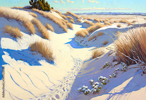 Dune beach and sea under snow, dune in winter, landscape with snow and sea, landscape with sky and clouds, illustration, digital