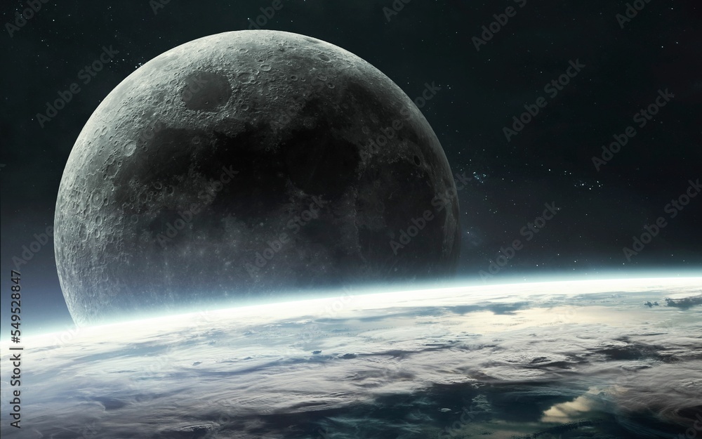 3D illustration of Moon view from Earth orbit. Artemis space program. 5K realistic science fiction art. Elements of image provided by Nasa
