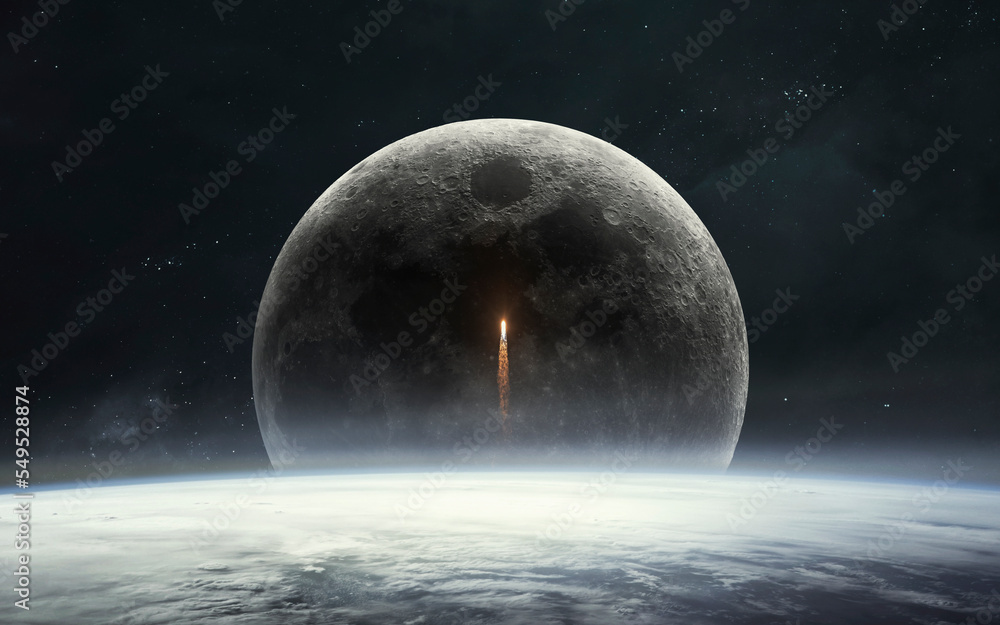 Obraz premium 3D illustration of spaceship start from Earth to Moon. Artemis space program. 5K realistic science fiction art. Elements of image provided by Nasa