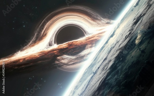 3D illustration of Huge black hole warps space around. 5K realistic science fiction art. Elements of image provided by Nasa