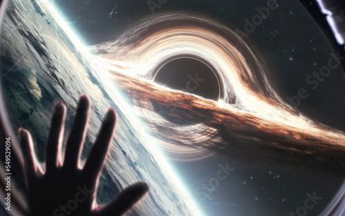 3D illustration of astronaut looks at giant black hole through spaceship window . 5K realistic science fiction art. Elements of image provided by Nasa