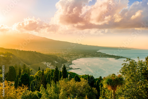 highland mediterranean travel landscape scenic picture from green garden to a beautiful mountain town in sunrise or sunset