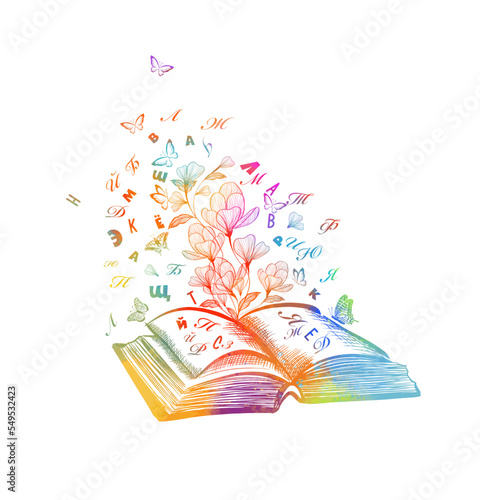 Open book with flying letters. Vector illustration