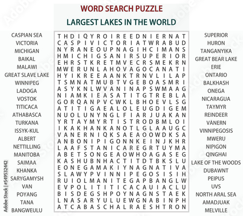 Word search puzzle vector illustration. Largest Lakes in the World.