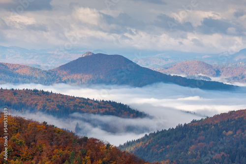 Mountain landscape with foggy valley during autumn morning. The Sulov Rocks  national nature reserve in northwest of Slovakia  Europe.