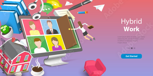 3D Vector Conceptual Illustration of Hybrid Job, Online or Oflfine Workplace