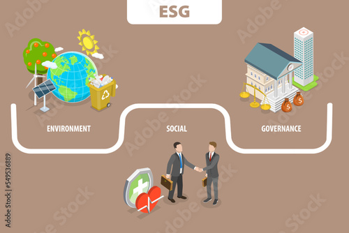 3D Isometric Flat Vector Conceptual Illustration of ESG as Environmental, Social and Corporate Governance, Sustainable and Ethical Business