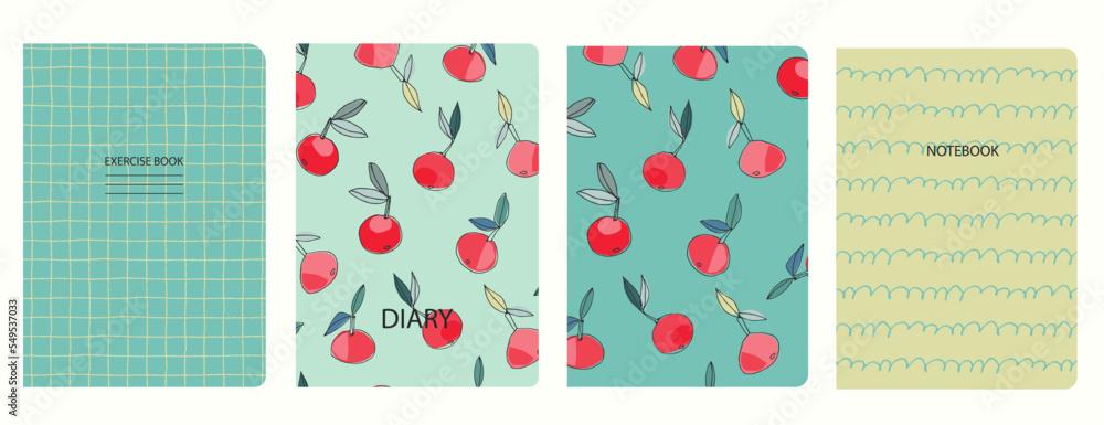 Set of cover page templates with apples, pea, hand drawn gridlines. Based on seamless patterns. Headers isolated and replaceable. Perfect for notebooks, notepads, diaries