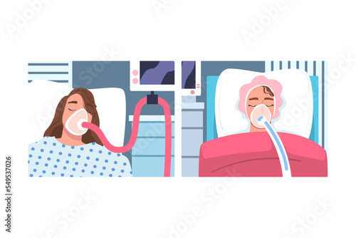 Young Woman Patient in Hospital Lying on Bed with Mask Having Artificial Lung Ventilation Being in Critical Condition Vector Set
