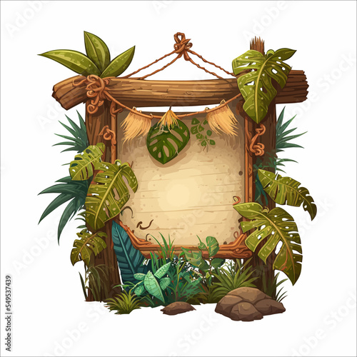 Jungle frame with wooden planks, old paper, rope, decorated plants. Wood empty signboard, vintage blank billboard, hanged wood board. Vector illustration