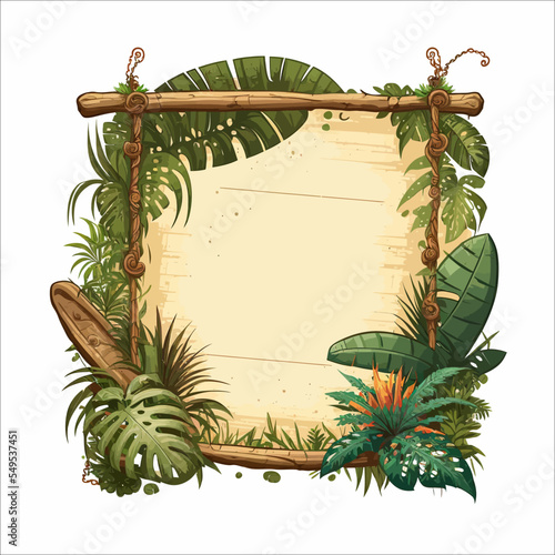 Jungle frame with wooden planks, old paper, rope, decorated plants. Wood empty signboard, vintage blank billboard, hanged wood board. Vector illustration