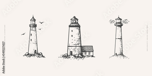 Set of vintage lighthouses in engraving style. Nautical lighthouse on an isolated background. Symbol of safety of navigation, tourism. Vintage vector illustration for postcard, book, textile design. photo