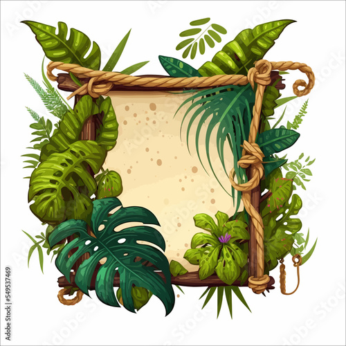 Jungle frame with wooden planks, old paper, rope, decorated plants. Wood empty signboard, vintage blank billboard, hanged wood board. Vector illustration