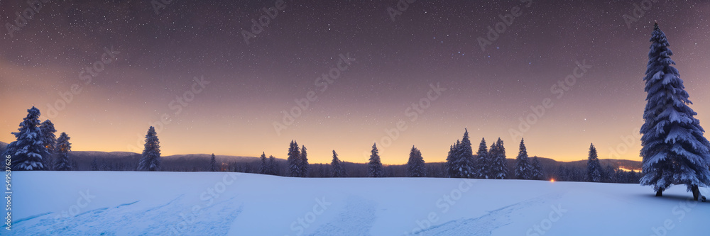 winter landscape with trees and snow, CGI